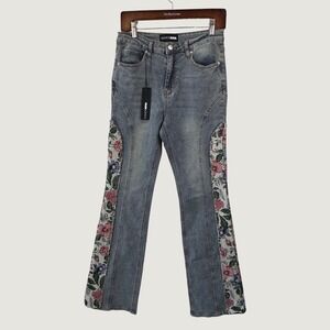 Fashion Nova Floral Tapestry Inset Jeans Size 9 Blue Boho Cottagecore Denim NEW